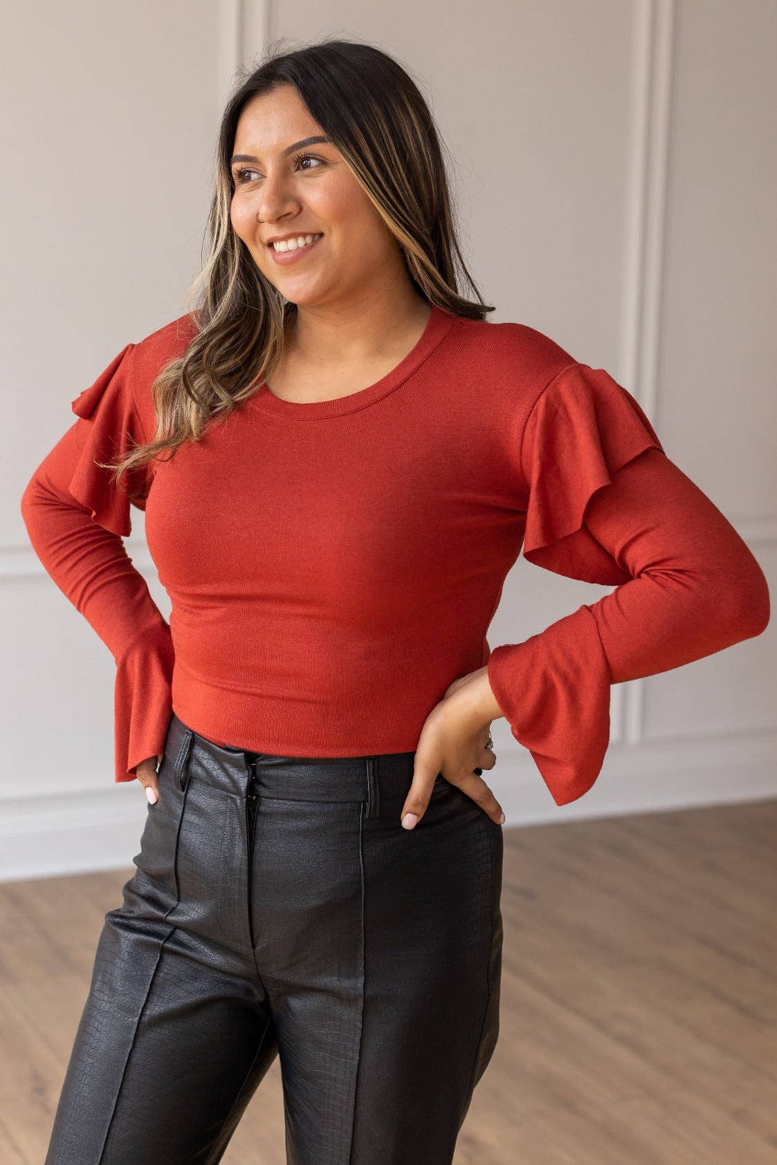 Rust Rustic Shimmer Bodysuit With Ruffle Shoulder Sleeve for wholesale on Faire1