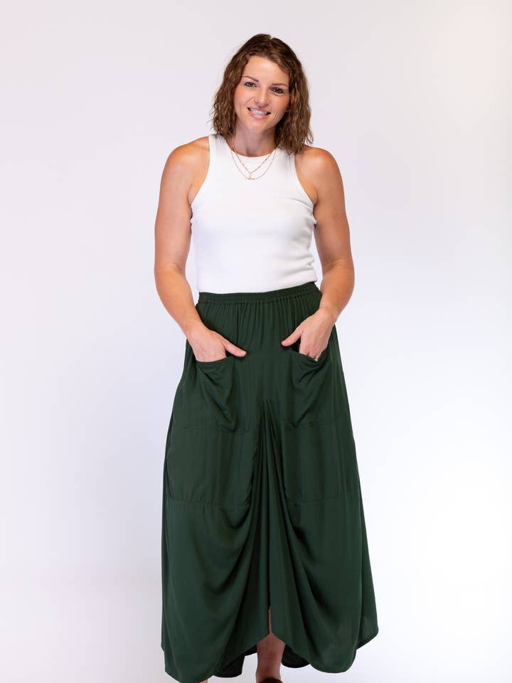 A-SYMETRICAL RAYON SKIRT - BOTTLE GREEN for wholesale by Ombak Designs