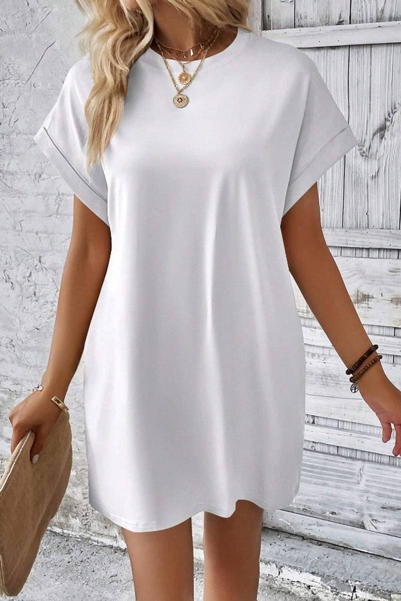 NINEXIS - Vente Robe – femme - CWDSD3628_ROBE COURTE À COL ROND ET POCHES AMPLES DE COULEUR UNIE2