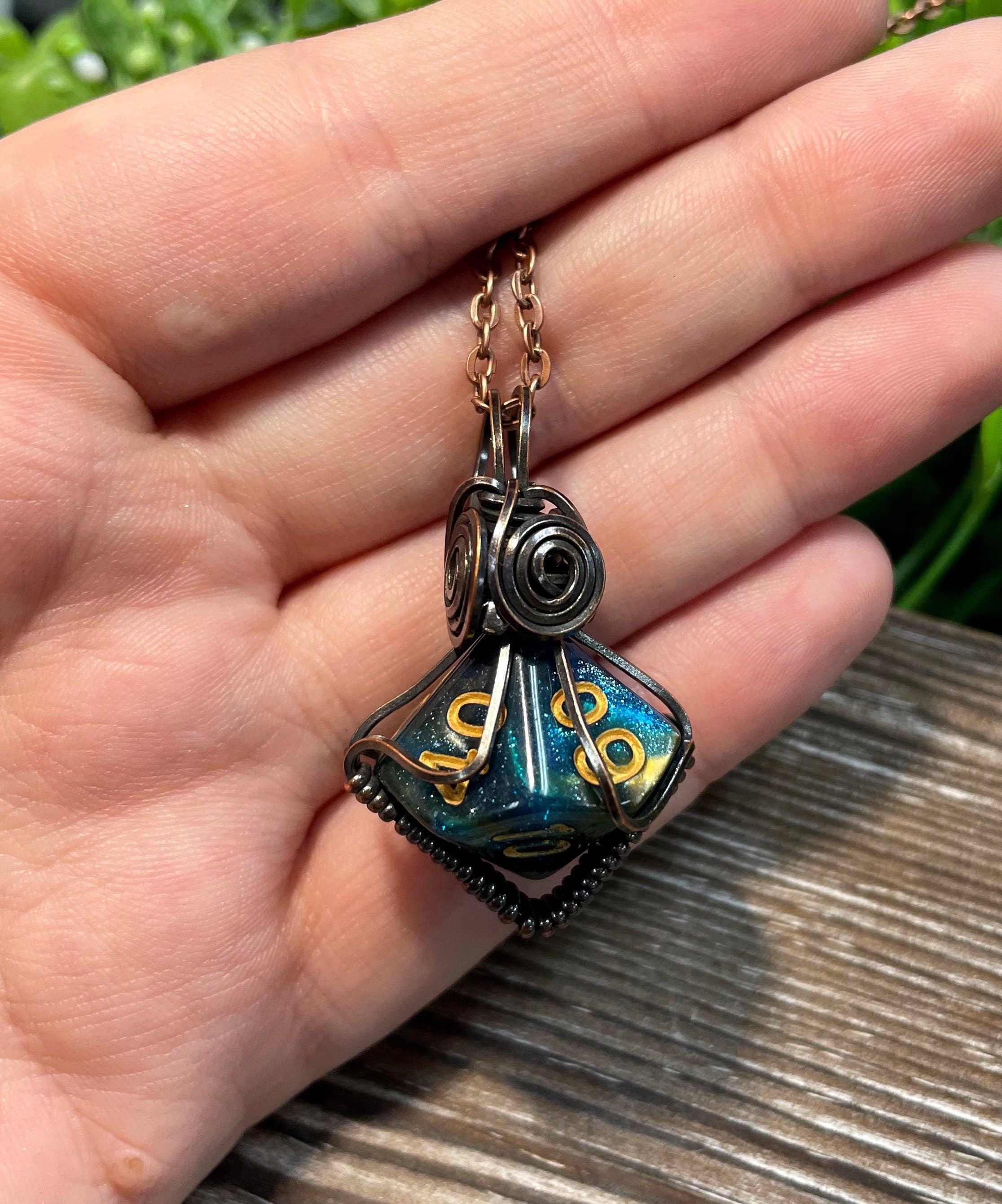 Handmade by Marlayna – wholesale Pendant/charm necklace – Wire Wrapped D10 Dice Pendant- Random Color/Pattern, DnD Necklace2