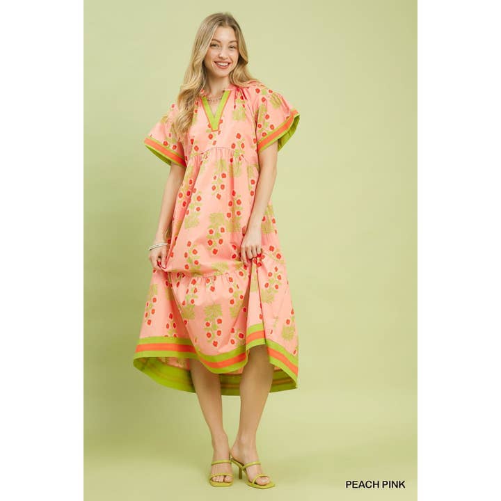 Floral Border Short Sleeve Tiered Midi Dress for wholesale by BNS