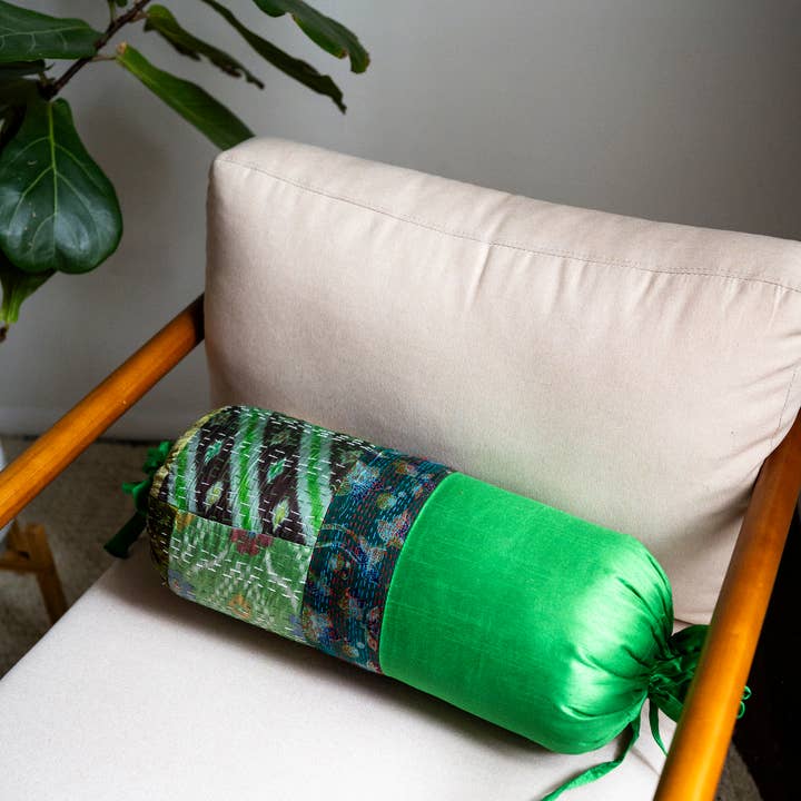 Colors By Padmini - Wholesale Throw/Decorative Pillow - Vintage Silk Kantha Bolster Pillow-Hand-Stitched Indian Sari