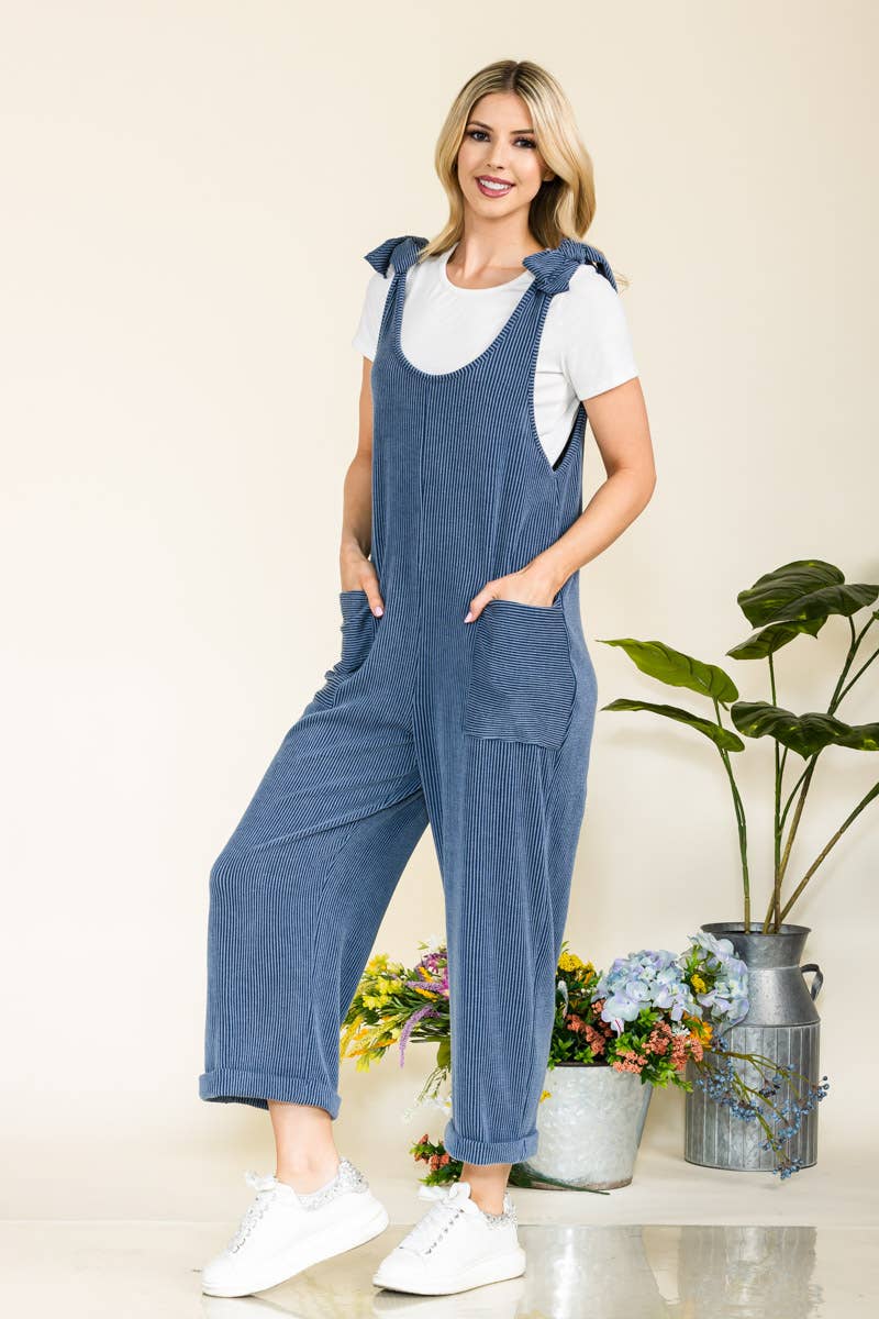 Celeste Clothing – Großhandel Jumpsuit – Damen – Plus-Size verstellbarer Rippen-Overall mit Fronttaschen - CP438737