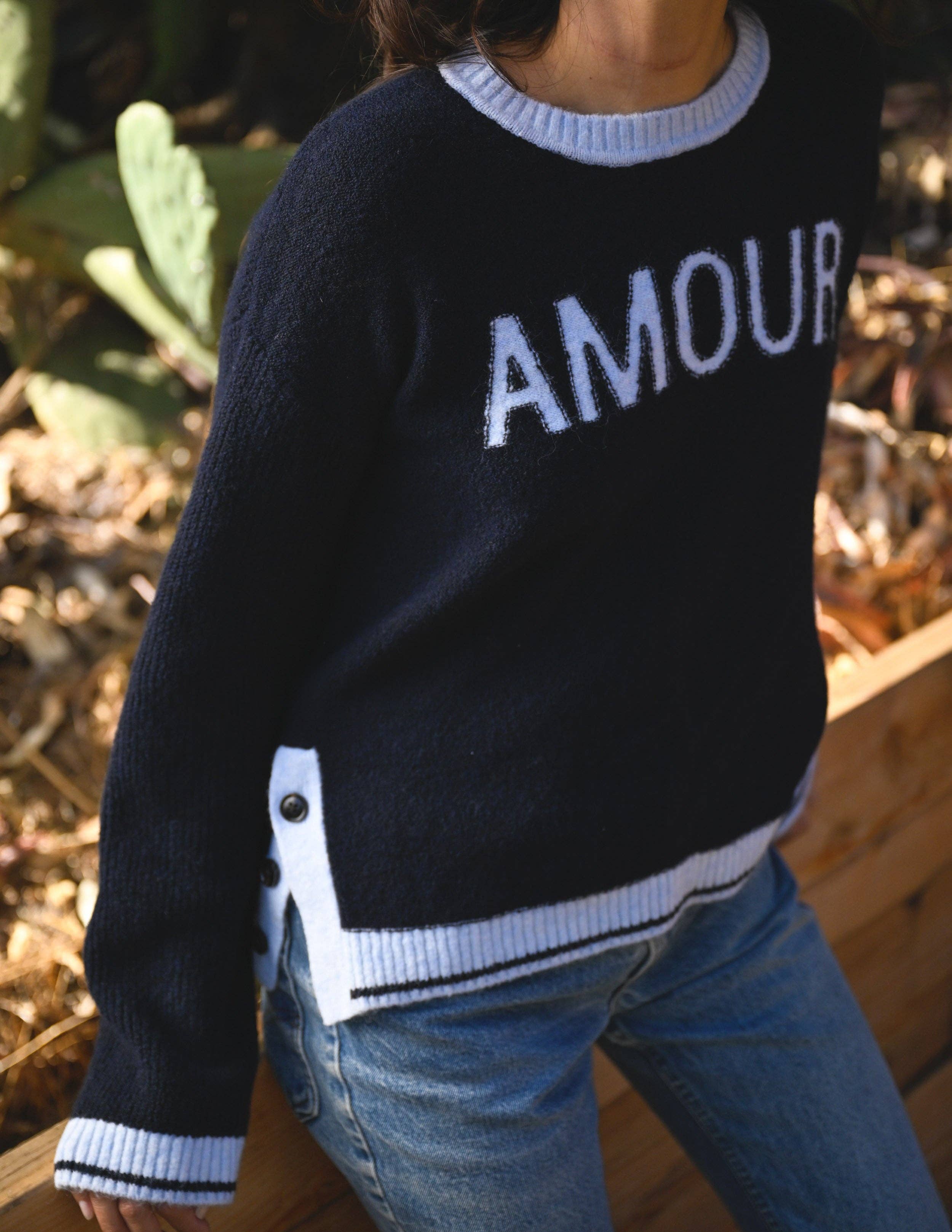 Sundry Amour Intarsia Sweater with Button Side Slits in Deep Navy for wholesale on Faire2