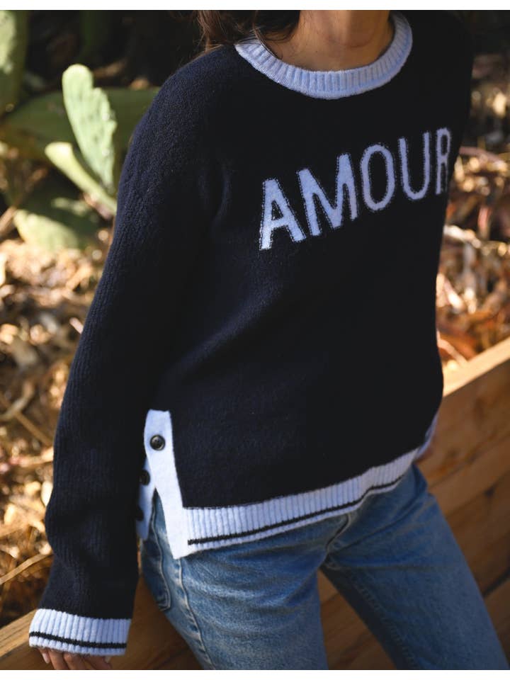 Sundry Amour Intarsia Sweater with Button Side Slits in Deep Navy for wholesale on Faire2