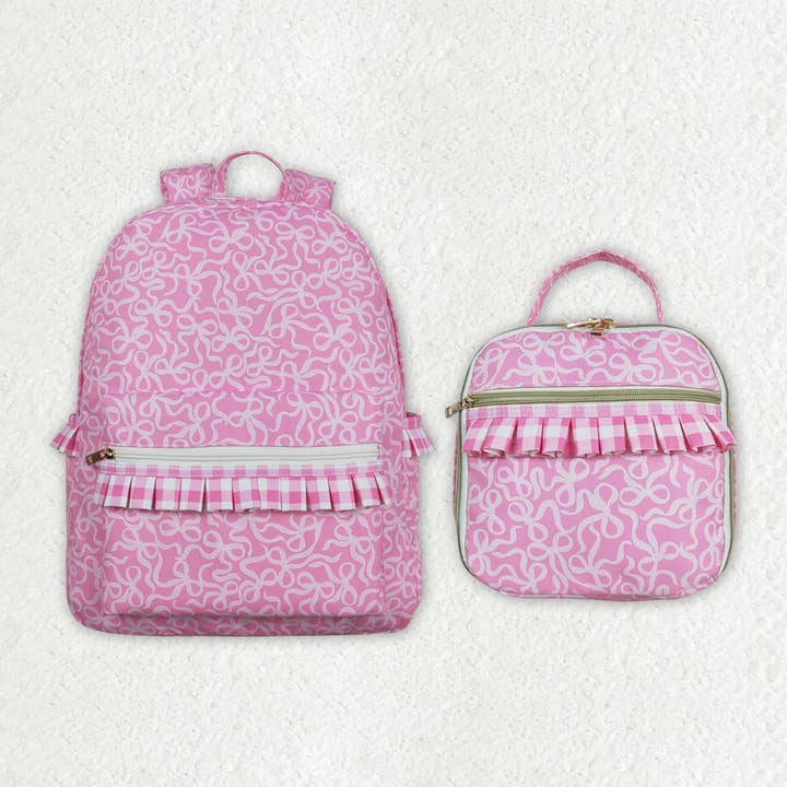 Aier Wholesale - Wholesale Backpack - Kids - Sibling Baby Girls Pink Bows Ruffle School Bags Lunch Boxes2