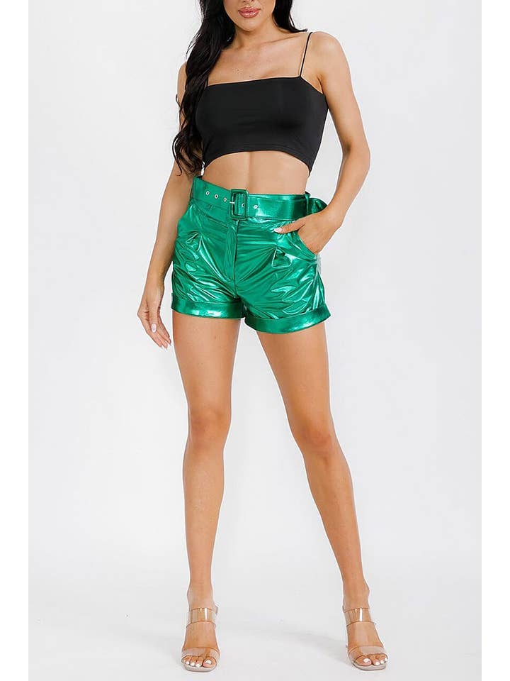 ROUSSEAU - Wholesale Shorts - Women's - BUTTON CLOSURE BELTED FRONT POCKETS METALLIC SHORT4
