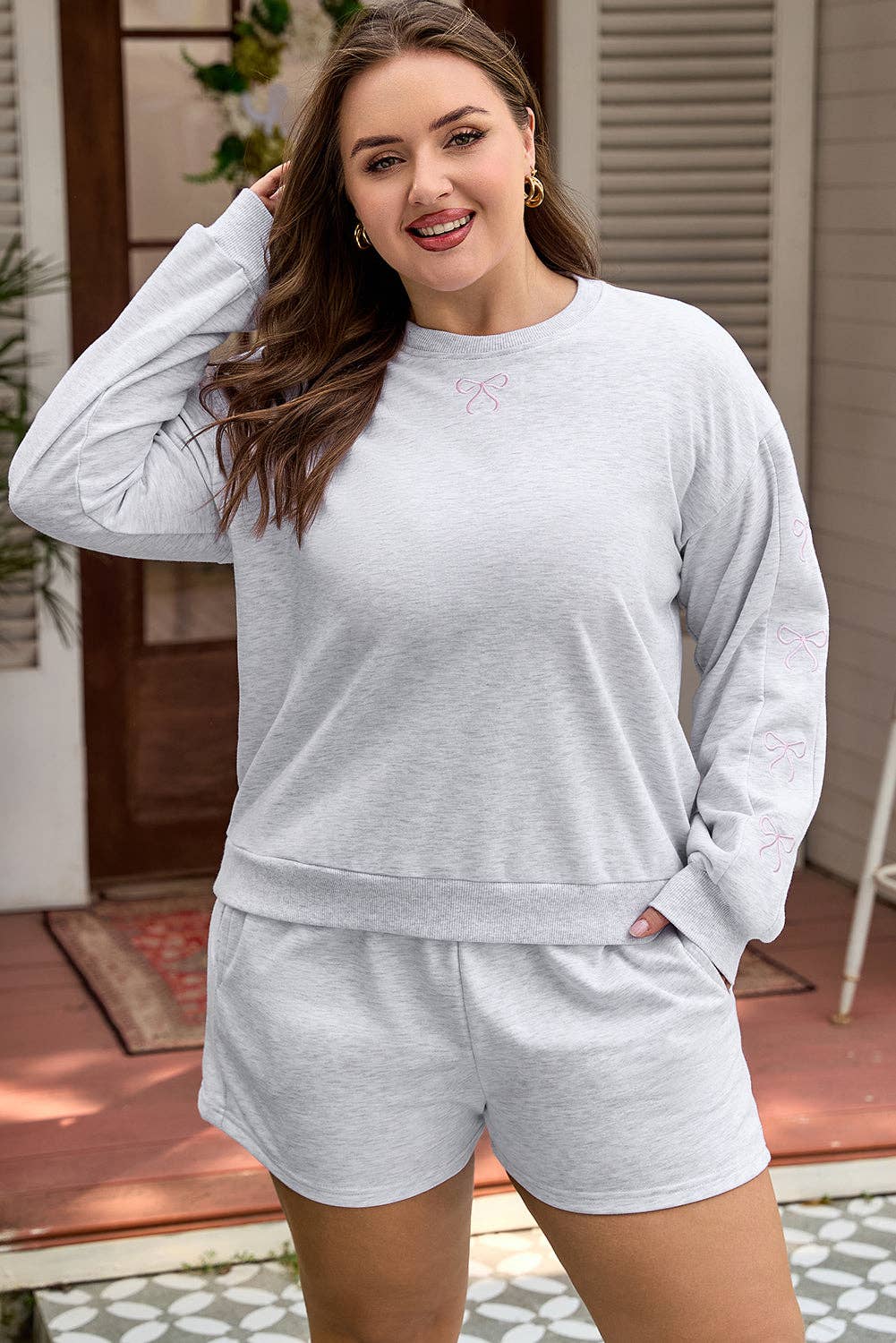 Light Grey LALALOO Plus Size Bow Embroidered Pullover and Shorts Set for wholesale on Faire0