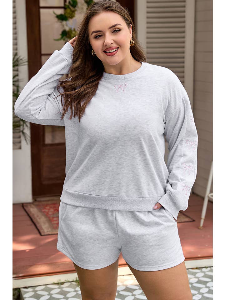 Light Grey LALALOO Plus Size Bow Embroidered Pullover and Shorts Set for wholesale on Faire