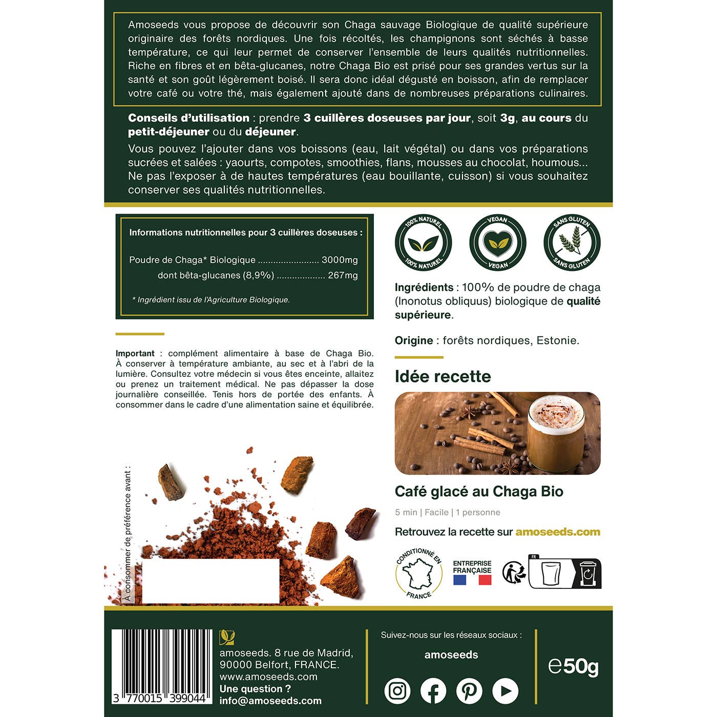 Amoseeds - Wholesale Protein/Superfood Powder - Organic Chaga Powder 50G4