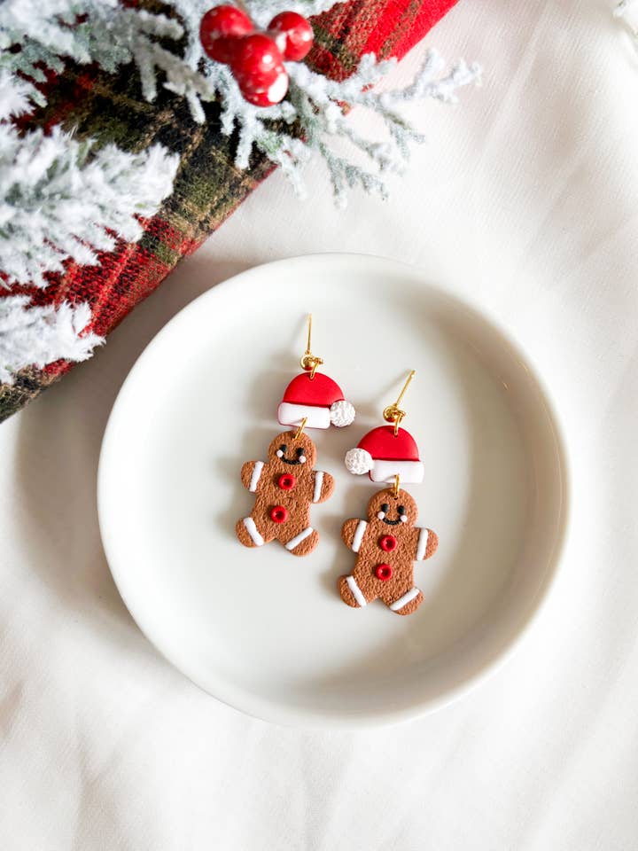 Santa Gingerbread Dangle Earrings - Polymer Clay Earrings for wholesale by Autumn Cloud Design