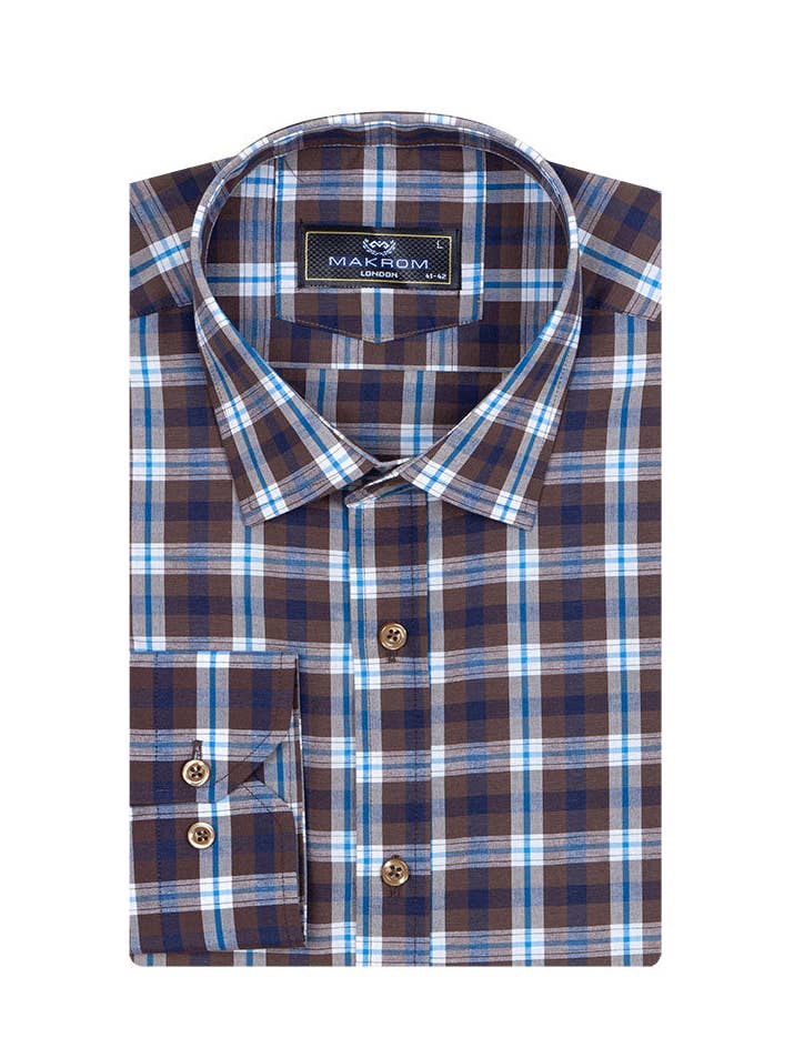 Brown Checked Long Sleeved Shirt for wholesale by Makrom