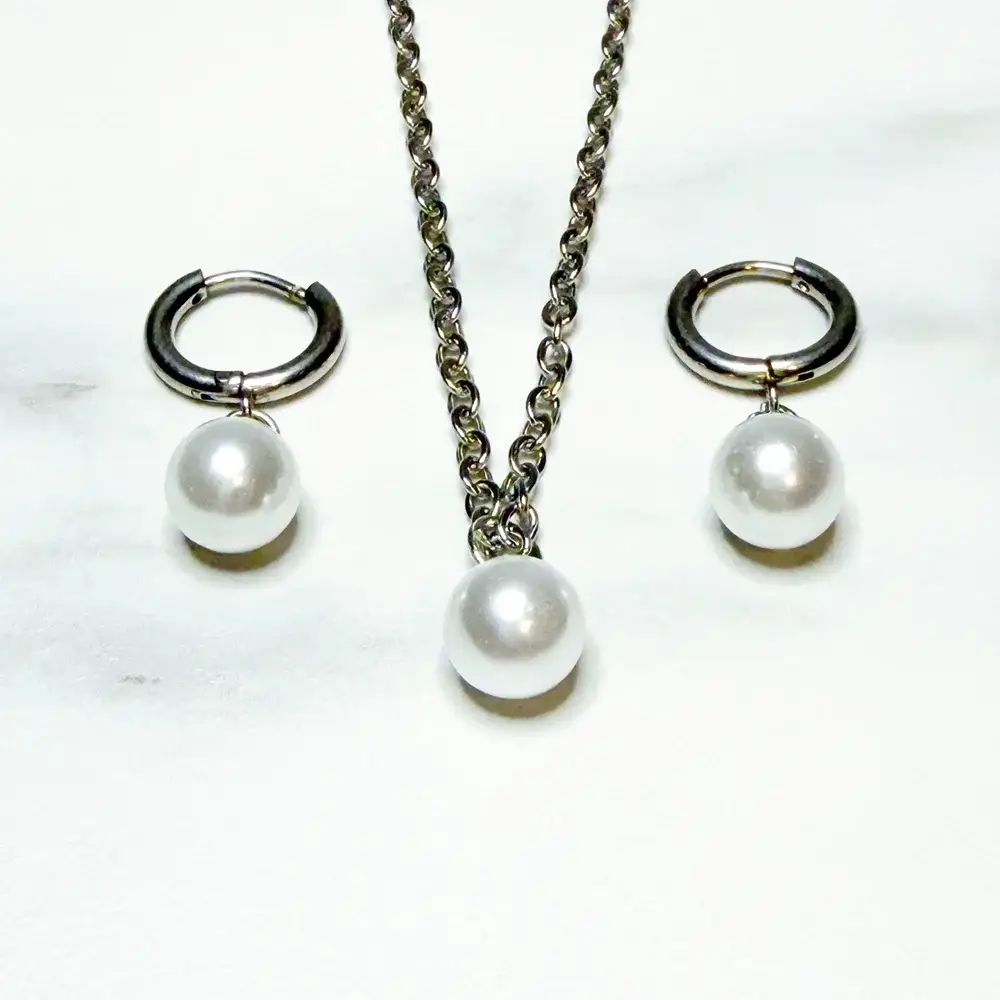 Aqua Essence Co - Wholesale Huggie Earrings - Lulu Jewelry Set | Hypoallergenic Pearl Earrings & Necklace6