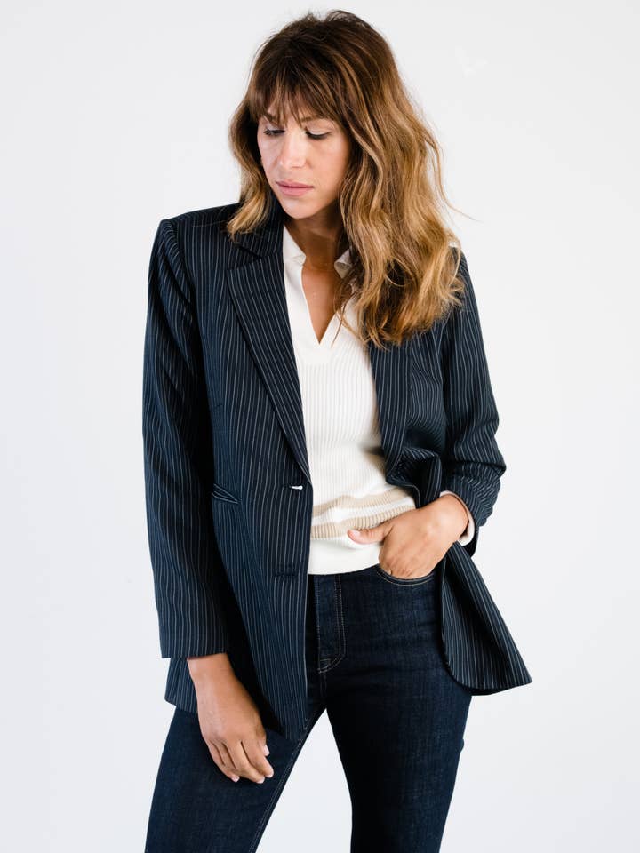 Midnight Chalk Stripe Michelle Blazer for wholesale on Faire