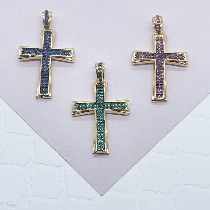 18k GF Cross Pendant Charm: Colorful Cubic Zirconia for wholesale by Milie