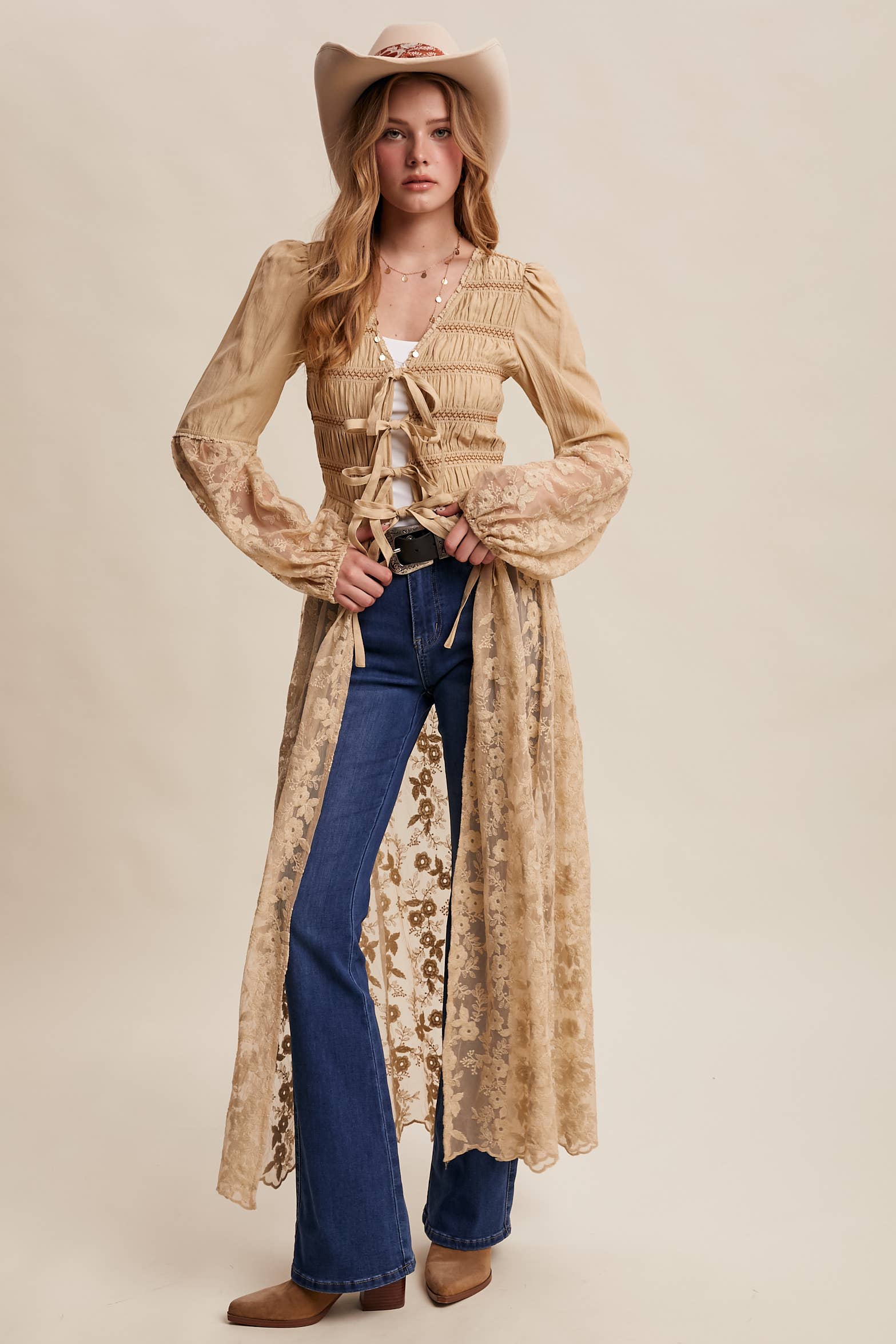 Listicle - Wholesale Kimono - Women's - Lace-Up Embroidered Maxi Kimono LJ02612