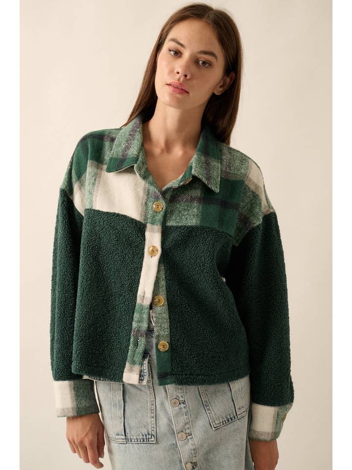 PINE GREEN Plaid Contrast Fur Button Front Yoke Front Shacket for wholesale on Faire