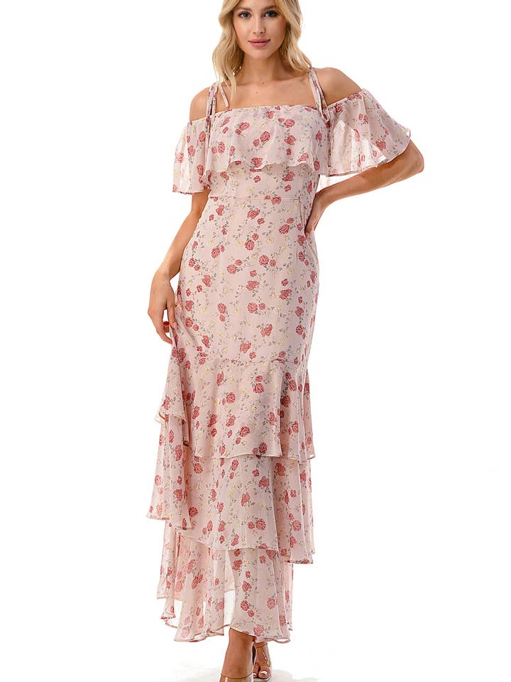 Geweven roze romantische off-shoulder maxi-jurk voor wholesale door Woven Pink