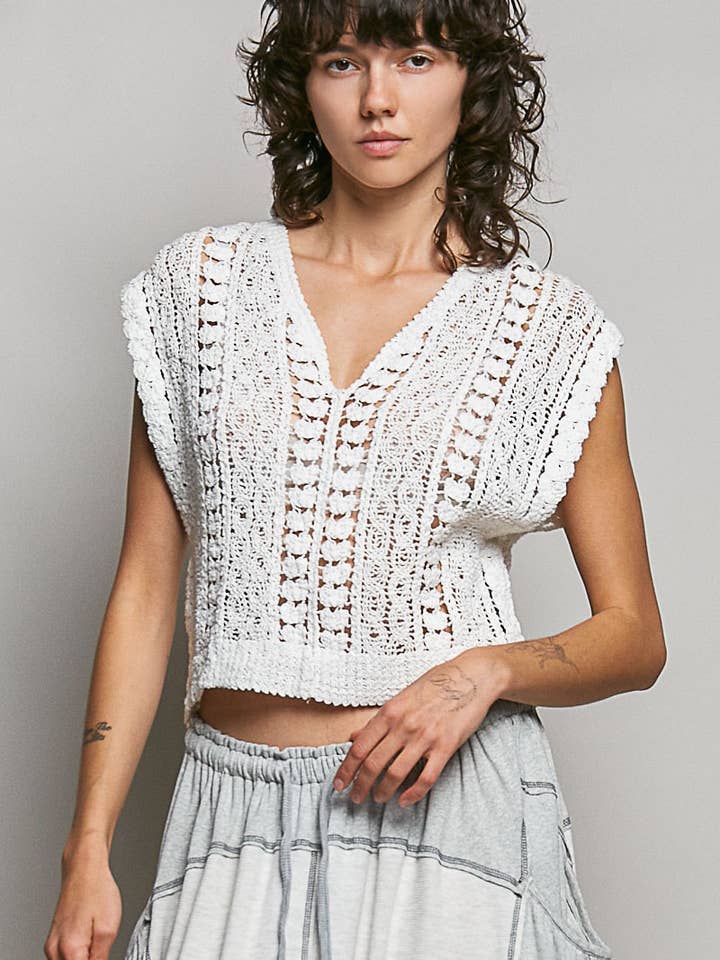 Top de crochet sólido sin mangas con cuello en V para venta al por mayor de Pol Clothing