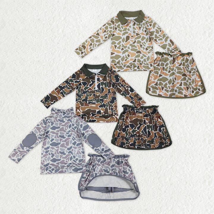 Ensembles de vêtements pour bébés filles sœurs avec fermeture éclair camouflage du sud jupe et short pour la vente par Aier Wholesale