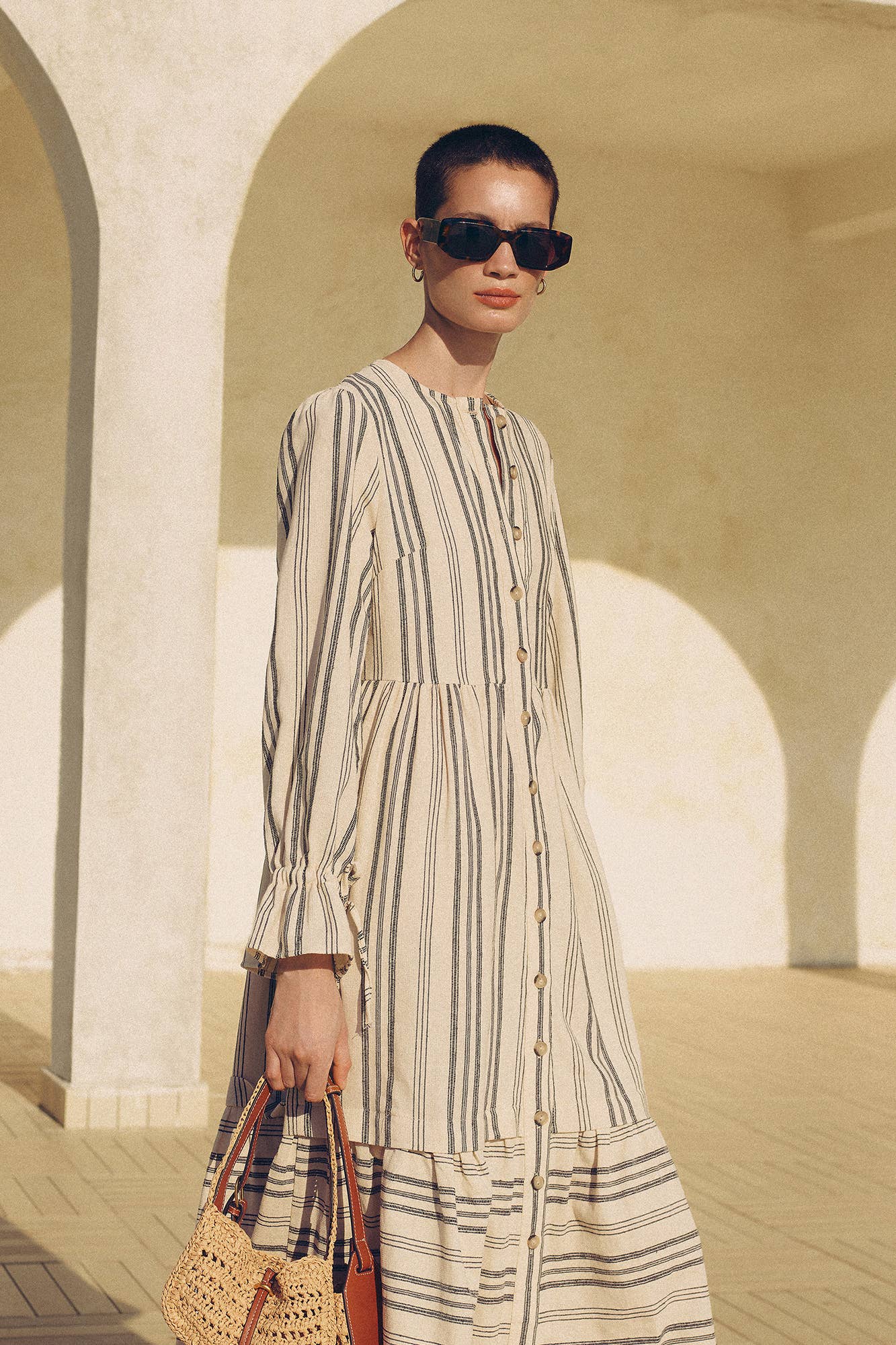 Beige STRIPED COTTON MAXI SHIRT DRESS WITH RUFFLED CUFFS for wholesale on Faire6