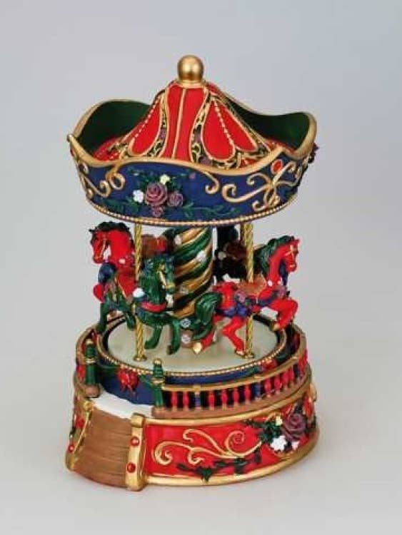 Red and Blue Carousel With 4 Horses and a Balustrade for wholesale by Musicbox Kingdom