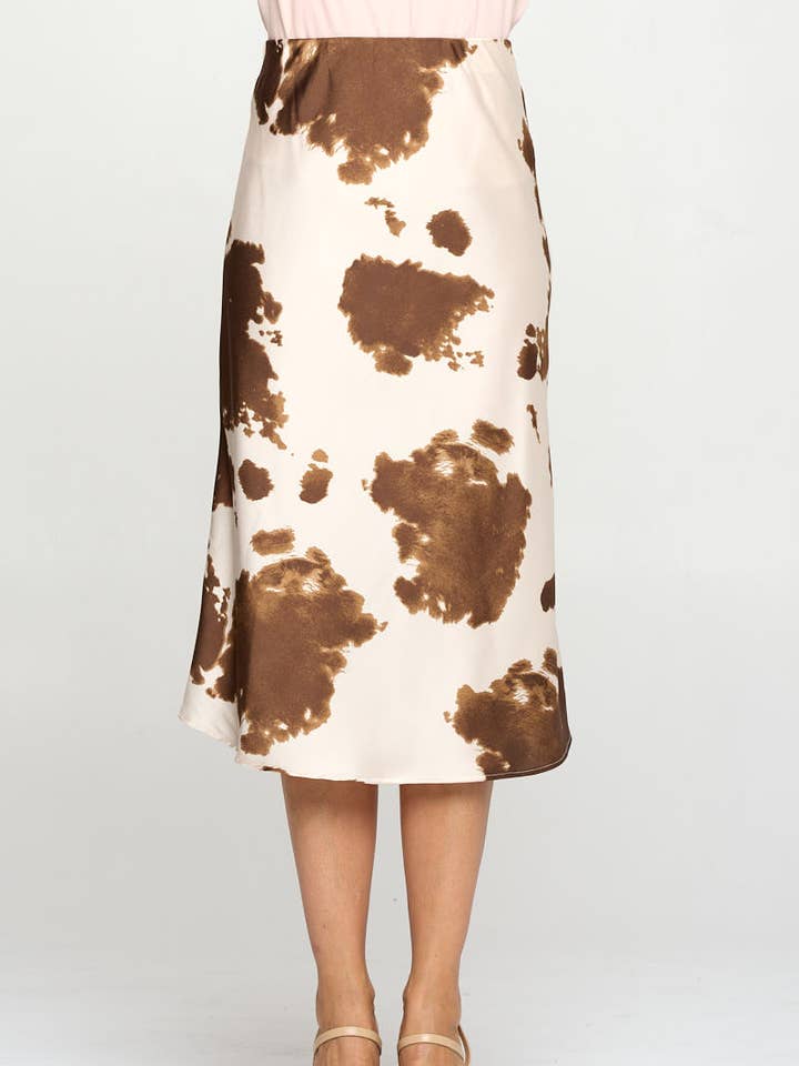 Hergestellt in den USA Midi-Sliprock aus Satin mit Western-Kuhmuster für den Großhandel von Renee C.