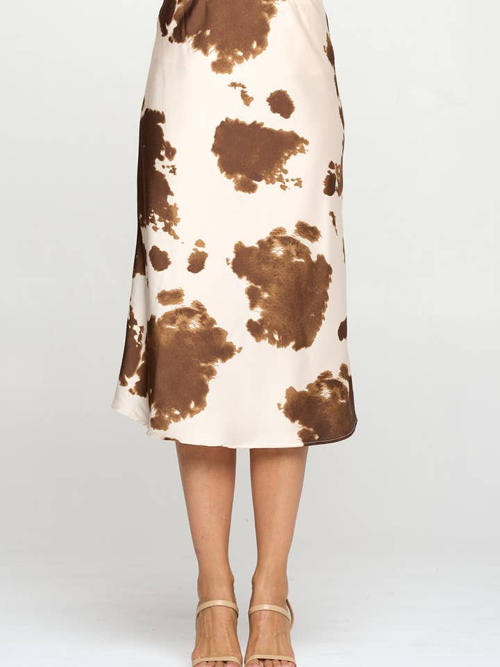 Made in USA Cow Print Satin Midi Slip Skirt for wholesale by Renee C.