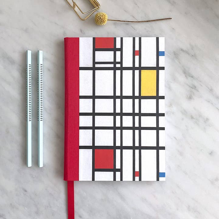 Handgjord A5-anteckningsbok med Mondrian-mönster & återvunna sidor för wholesale av PAPERCROWN NI