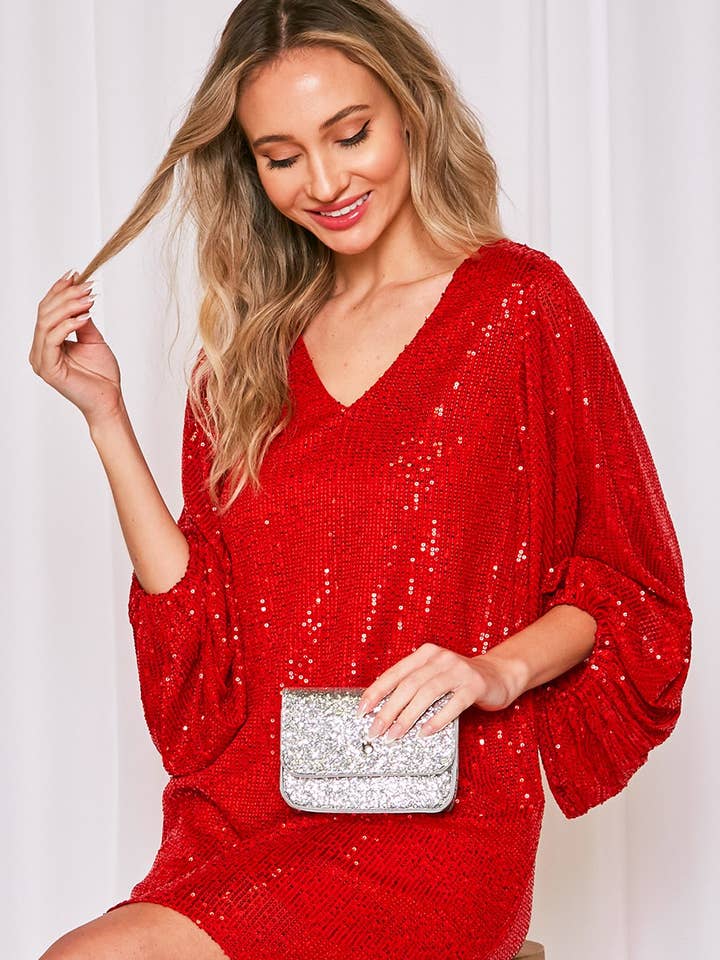 Vine & Love - Wholesale Dress - Women's - V-Neck Balloon Sleeves Sequin Detail Mini Dress VD31721