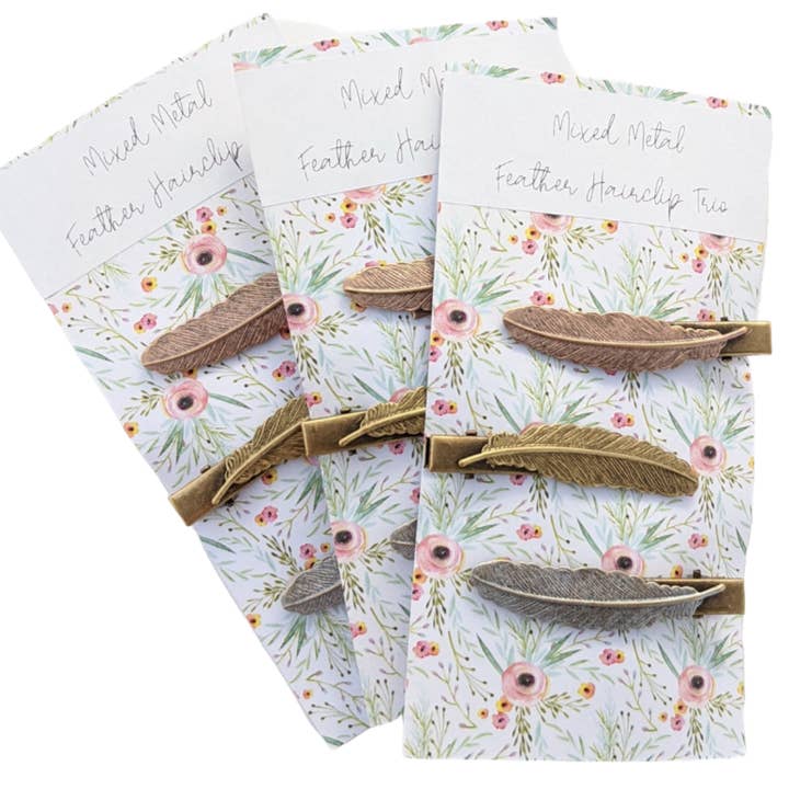 Mixed Metal Feather Hairclips - 3 Pack for wholesale by bel monili ™