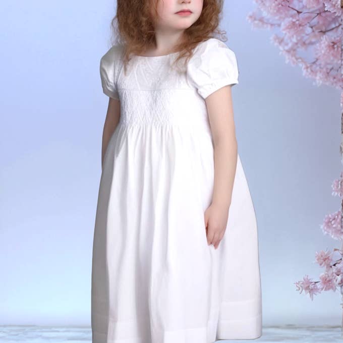 Hello Bebes! - Wholesale Dress - Kids - White Heirloom Smocked with Hand Embroidered Cross Dress