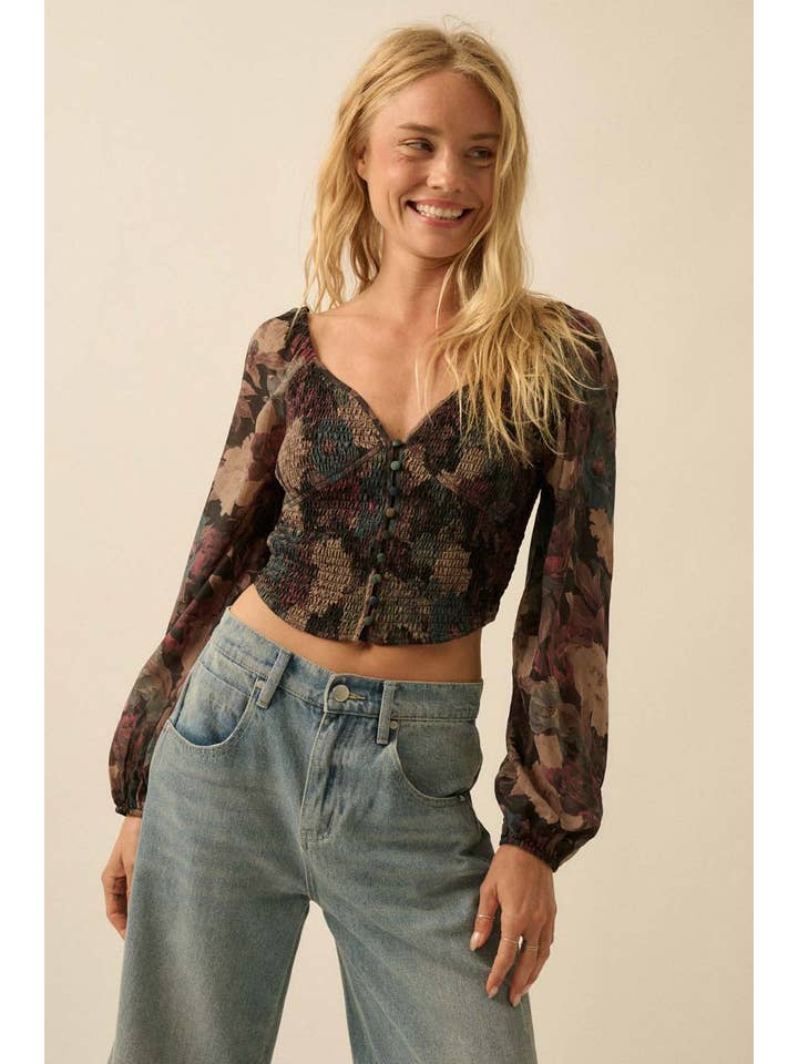 Promesa USA - Wholesale Blouse - Women's - Floral-Print Smocked Sweetheart Corset Peasant Top6