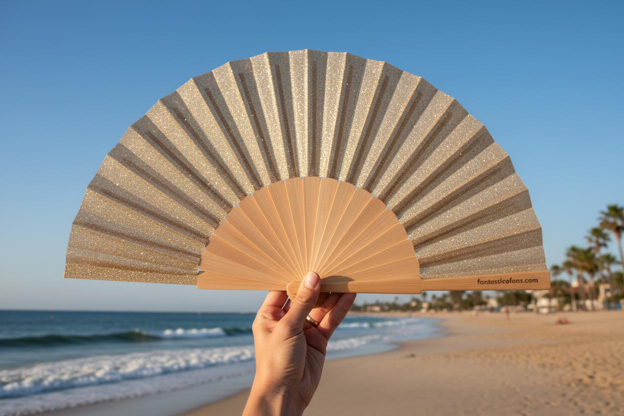 Fantastico Fans - Wholesale Handheld Folding Fan - Champagne Gold Glitter 23cm Fan1