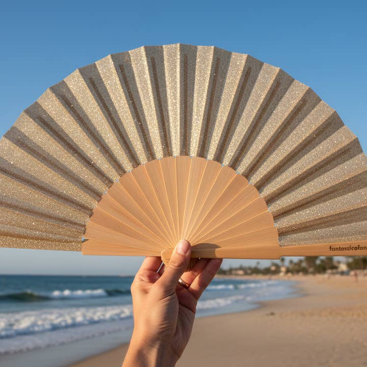 Fantastico Fans - Wholesale Handheld Folding Fan - Champagne Gold Glitter 23cm Fan1