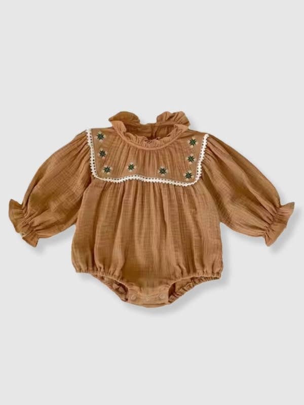 100% Cotton Embroidered Ruffle Bubble - Khaki for wholesale by Bleu & Co