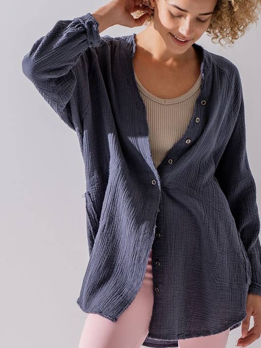 Urban Daizy - Wholesale Button Down Shirt - Women's - PREMIUM SOFT FRAYED HEM GAUZE VINTAGE WASHED SHIRT