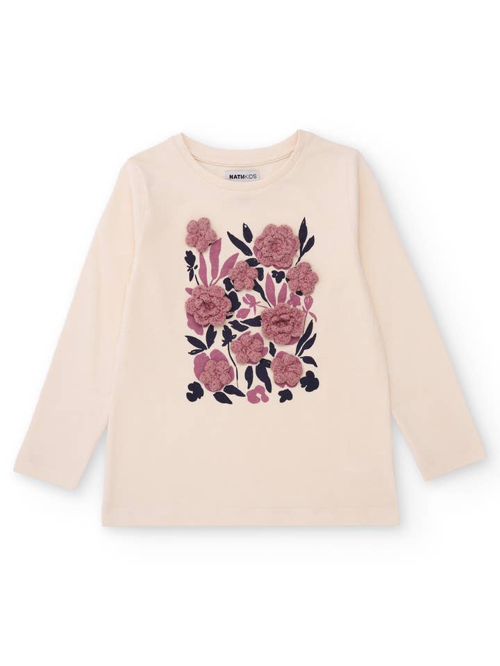 Mädchen-T-Shirt in Rohweiß mit Blumenapplikationen für den Großhandel von tuc tuc