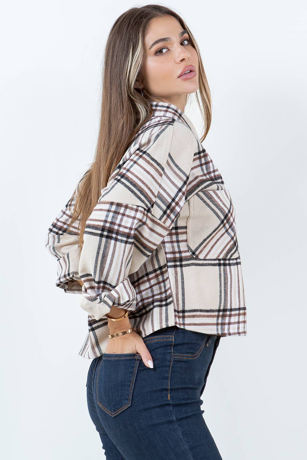 Veracci - Wholesale Button Down Shirt - Women's - Boxy Cropped Long Sleeve Plaid Over Shirt21
