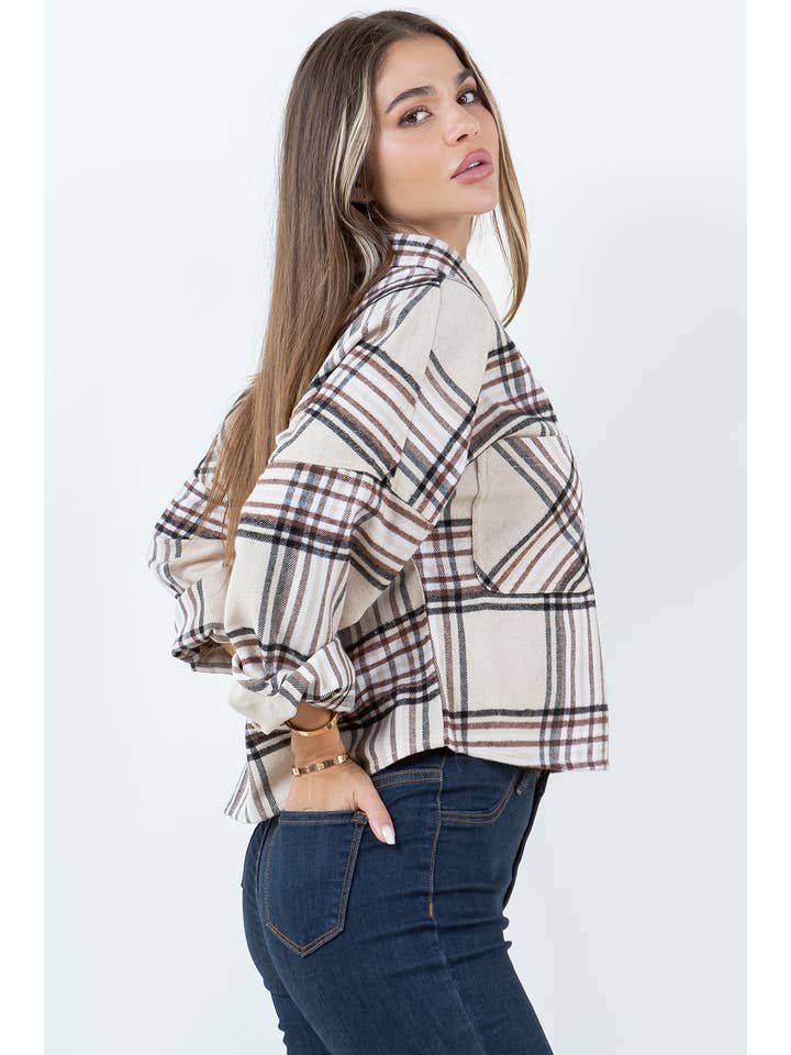 Veracci - Wholesale Button Down Shirt - Women's - Boxy Cropped Long Sleeve Plaid Over Shirt21