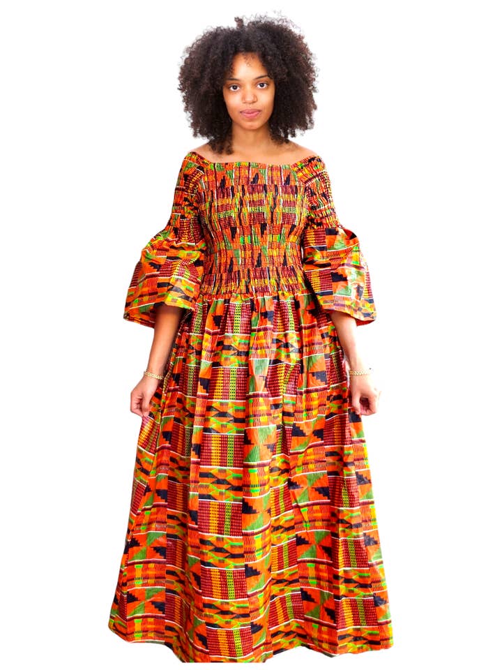 024 Women Long Smocked Dress- Orange Kente for wholesale by India Batik
