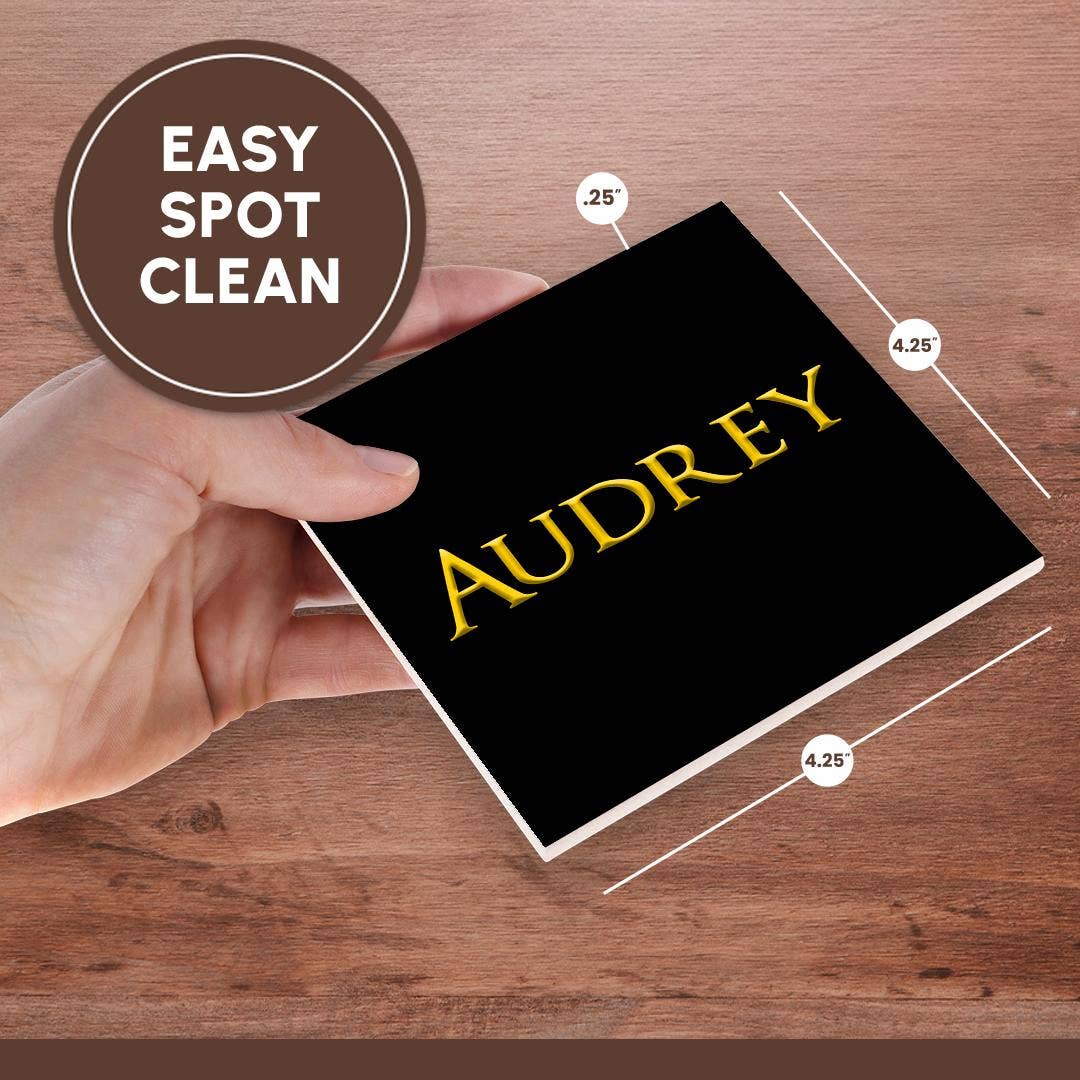 3dRose - Wholesale Coasters - 3dRose, Audrey beautiful female American name. Yellow on black charm, Coaster6