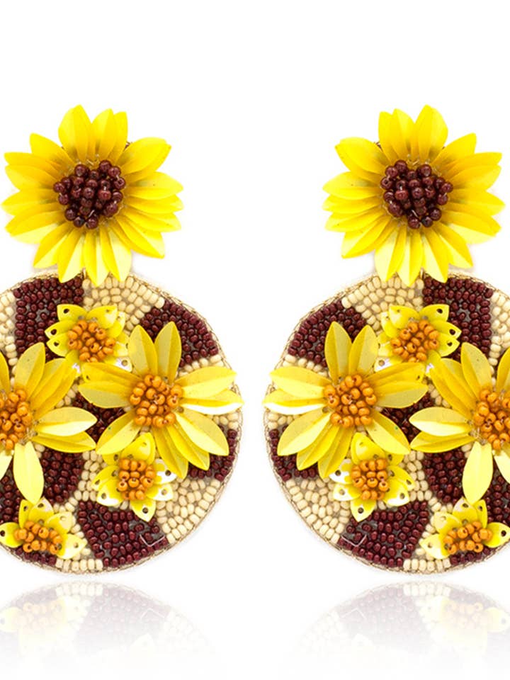 Sunflower on Disk Fabric Post Drop Earrings for wholesale by Suzie Q USA