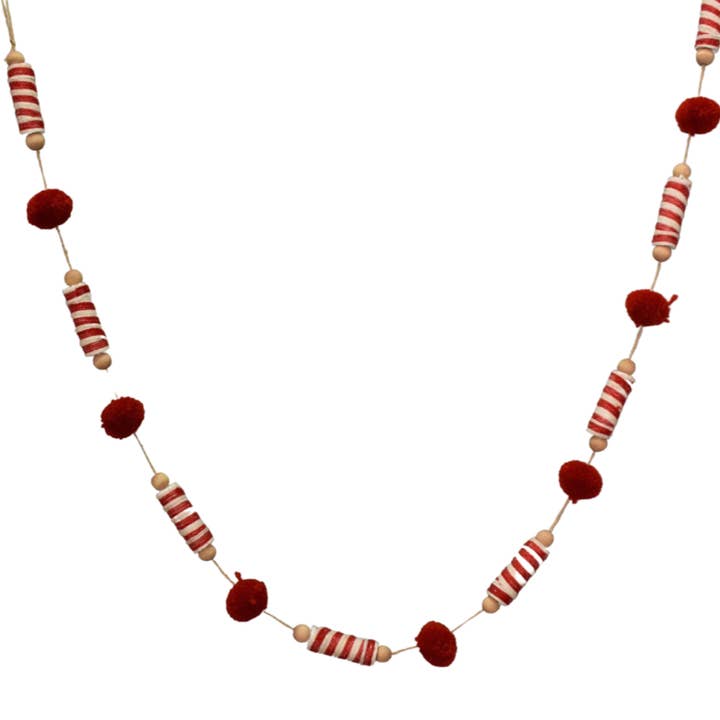 Classic Ribbon Fuzzy Ball Garland 55" - Red/White for wholesale by David Christopher's Collection