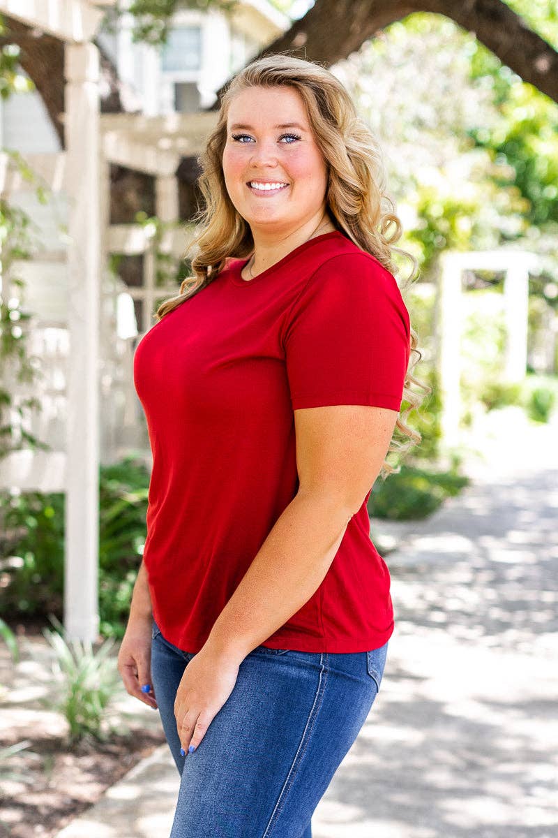 Red Crimson V-Neck Tee for wholesale on Faire5