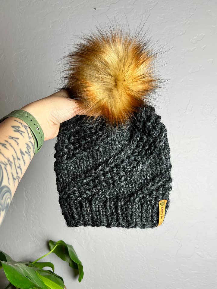 Sidewinder Beanie - Adult - Faux Fur Pom for wholesale by Knits by Jess