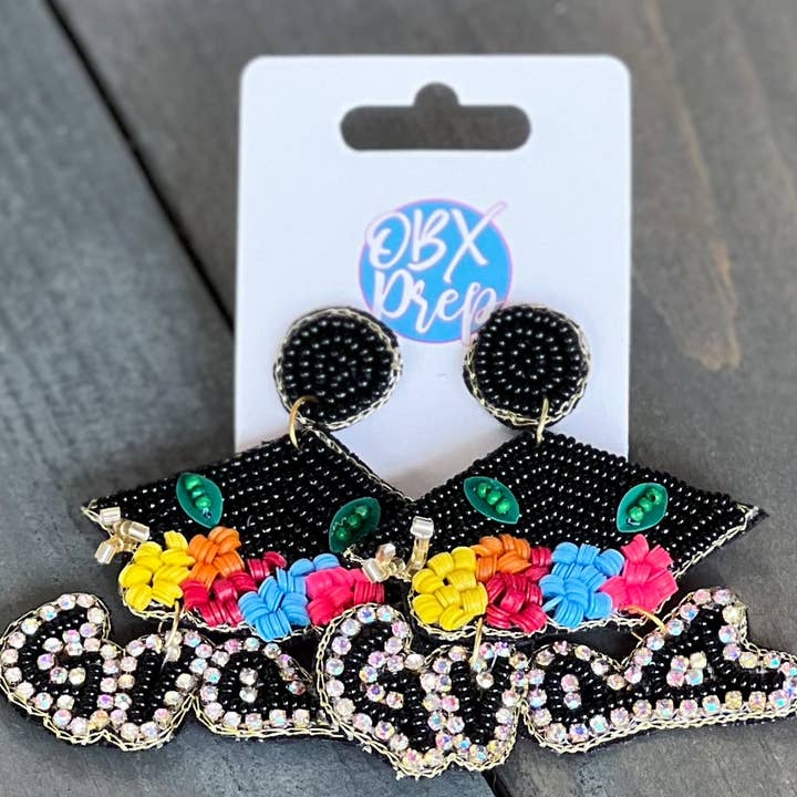 Grad Felt Back Seed Beaded Graduation Cap Dangle Earrings for wholesale by OBX Prep