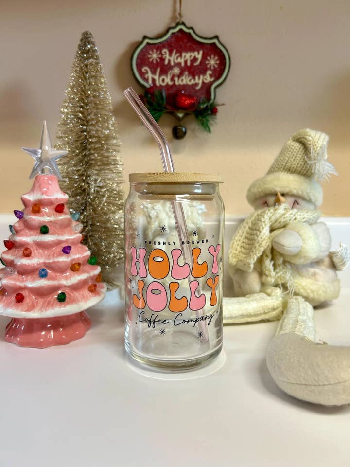 16oz Glaskopp, Holly Jolly Christmas Holiday Kaffekopp för wholesale av MommyandMarie