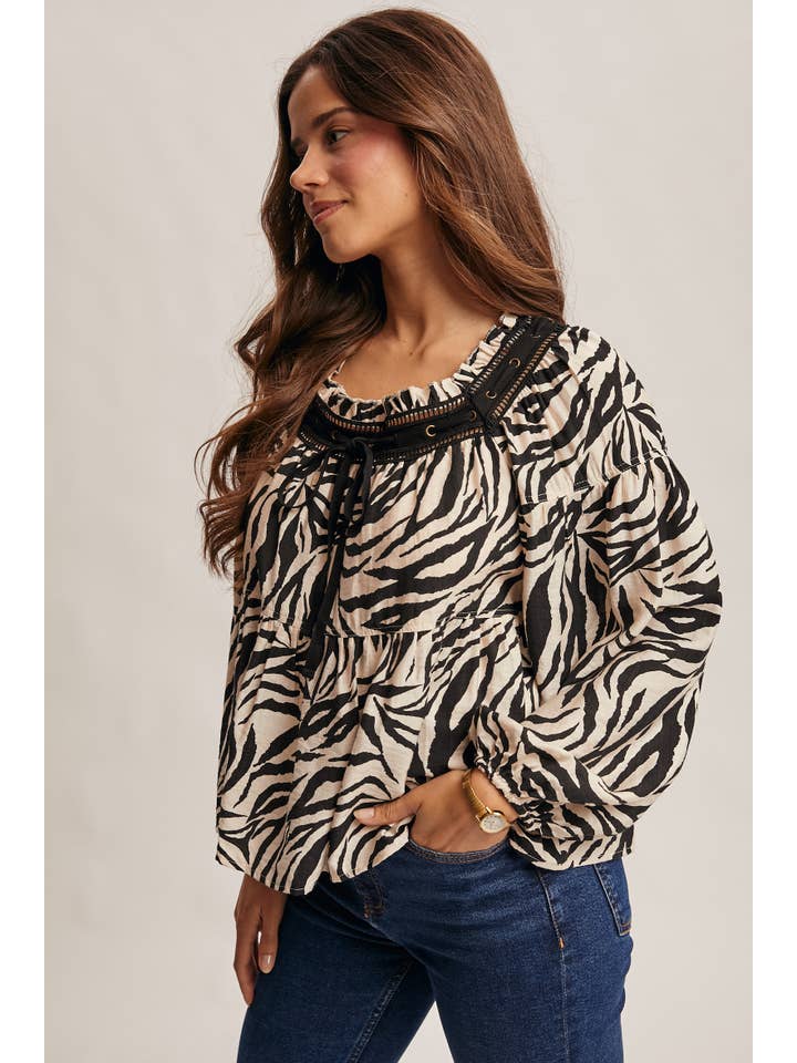 Forte - Wholesale Blouse - Women's - Zebra Jacquard Blouse with Faux Leather Trim FT00237