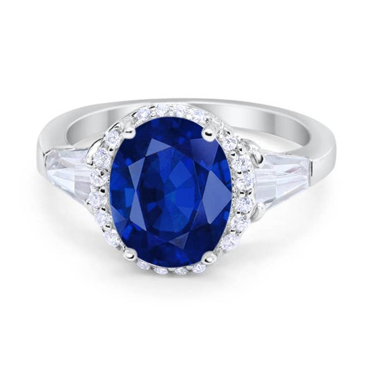 Oval baguette rund simuleret blå safir CZ vielsesforlovelsesring for engroshandel hos Blue Apple Imports